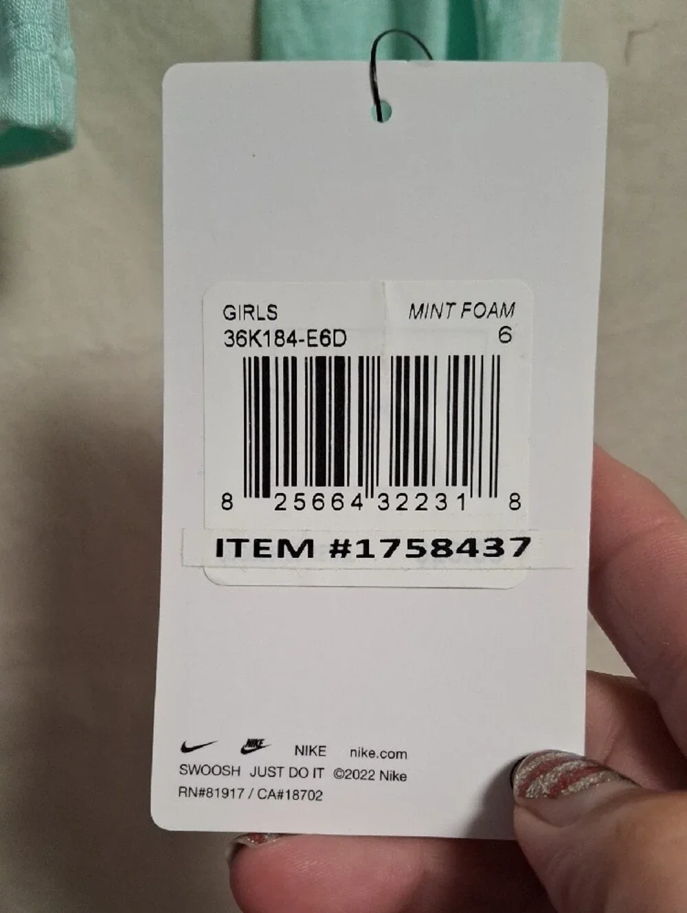 Nike Mint Green Long-Sleeve Tee with Navy Patterned Swoosh